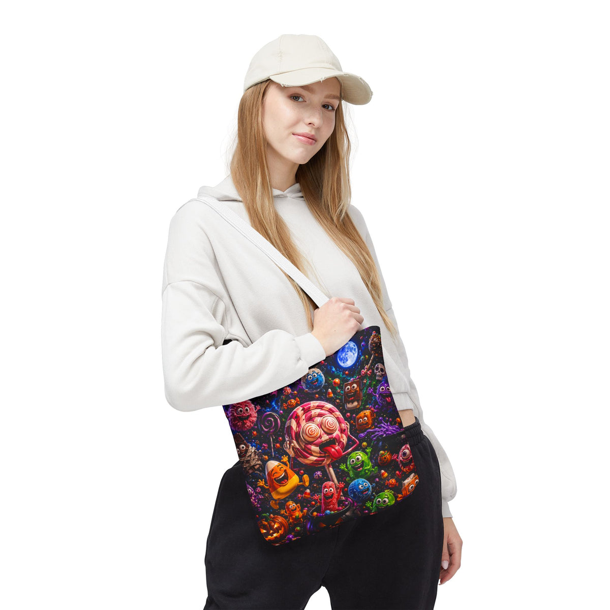 Crazy Halloween Candy Monsters Tote Bag — Colorful 3D Lolipop & Treats Design