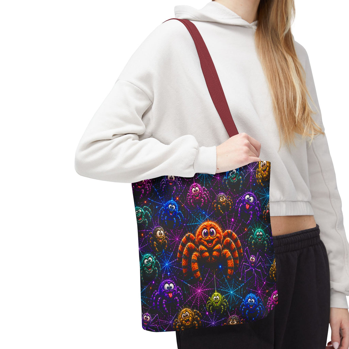 Colorful Crazy Spiders Halloween Tote Bag – Cute 3D Spider Web Pattern