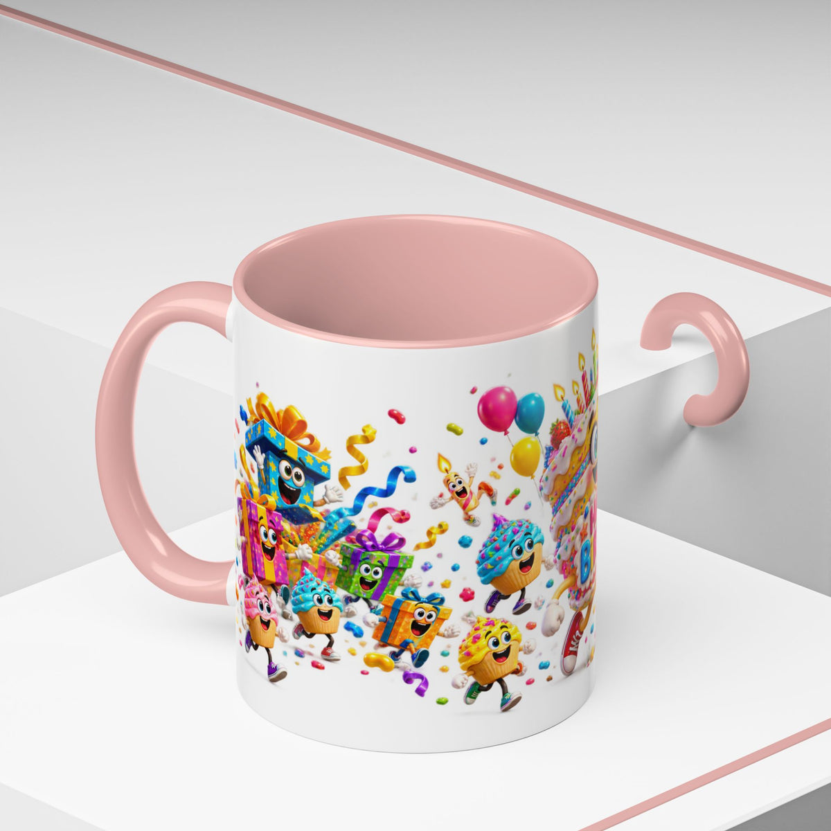 Birthday Party Coffee Mug – Colorful Happy Birthday Cake & Balloon Design (11/15oz Accent Mug)