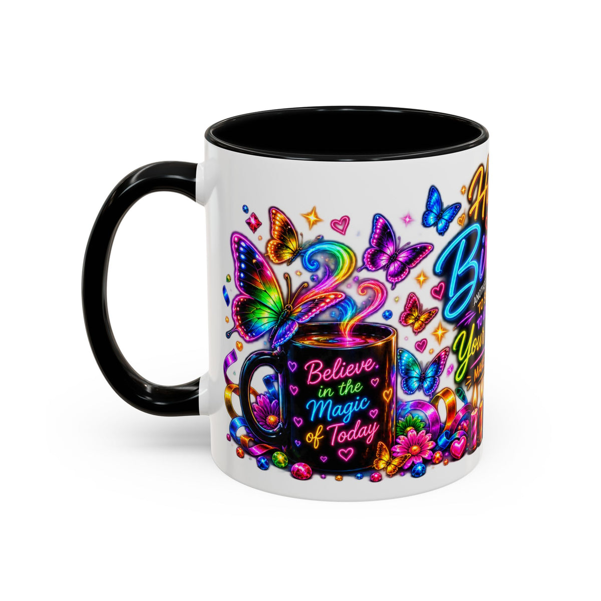 Birthday Coffee Mug – Colorful "Happy Birthday" Gift Mug with Butterflies & Candles