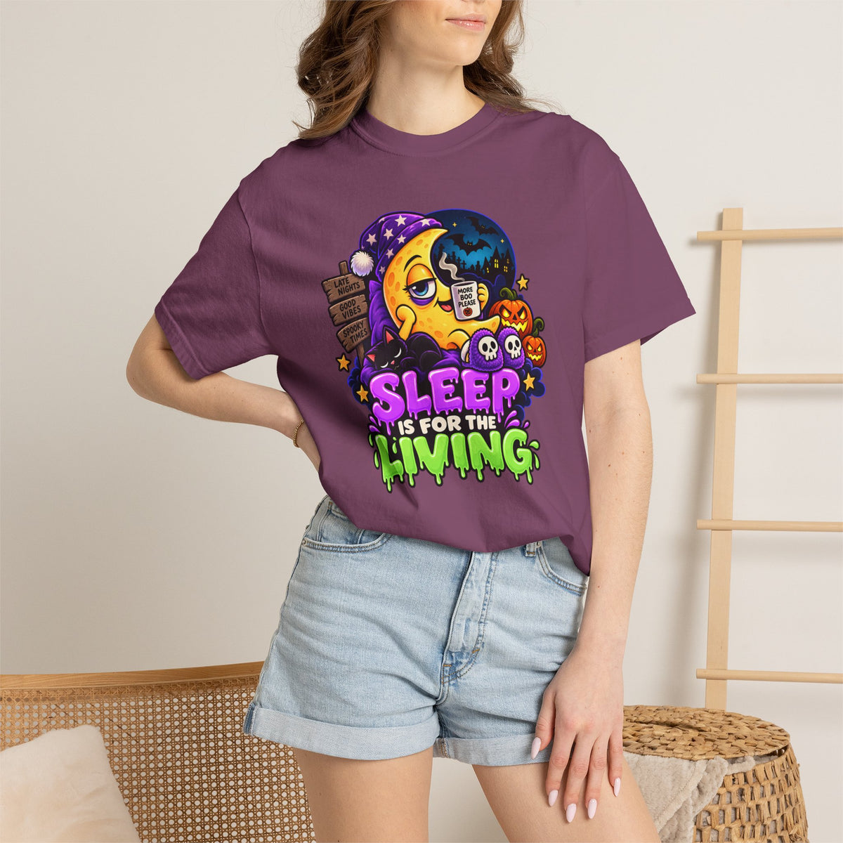 Sleep Is for the Living – Funny Halloween Moon T-Shirt