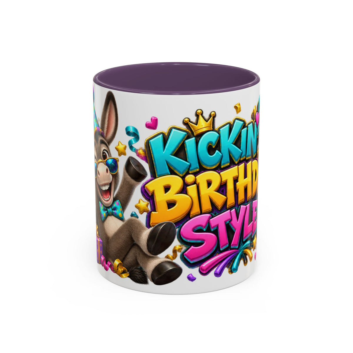 Kickin’ It Birthday Style Donkey White Mug – Funny Happy Birthday Party Cup, Cute Colorful Gift