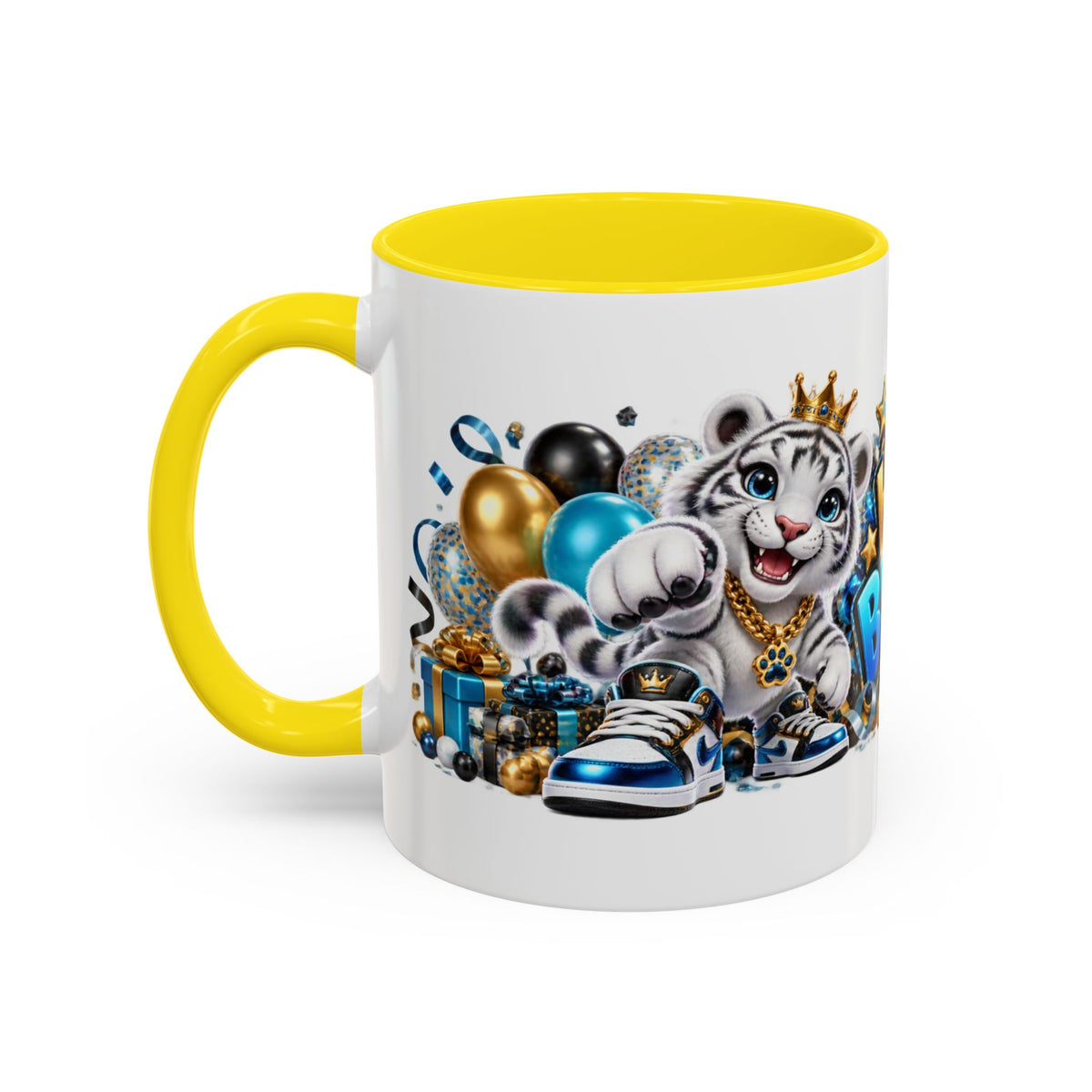 Happy Birthday White Tiger Mug – Colorful 3D Birthday Gift – White Coffee Mug
