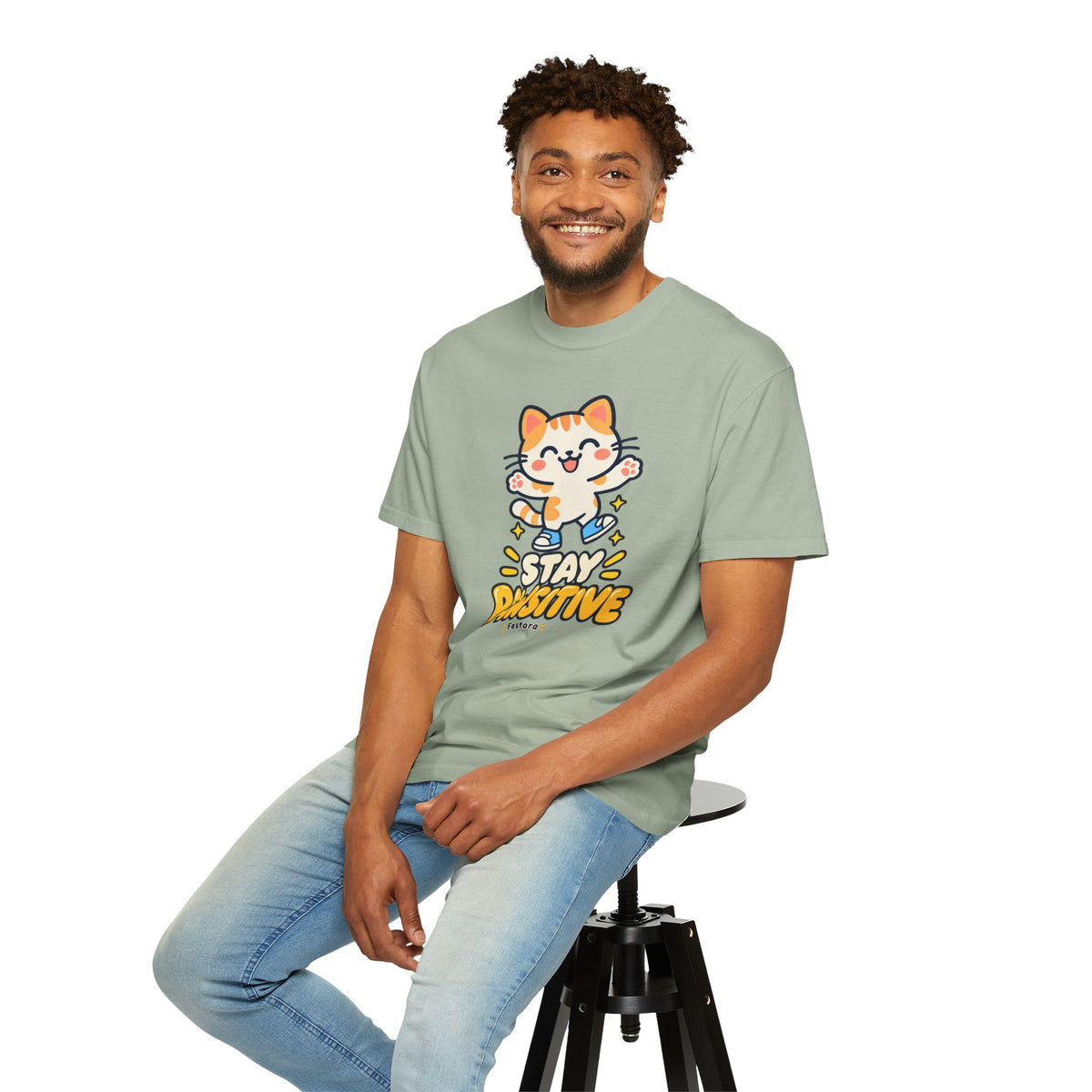 Stay Pawsitive – Cute Happy Cat Graphic T-Shirt