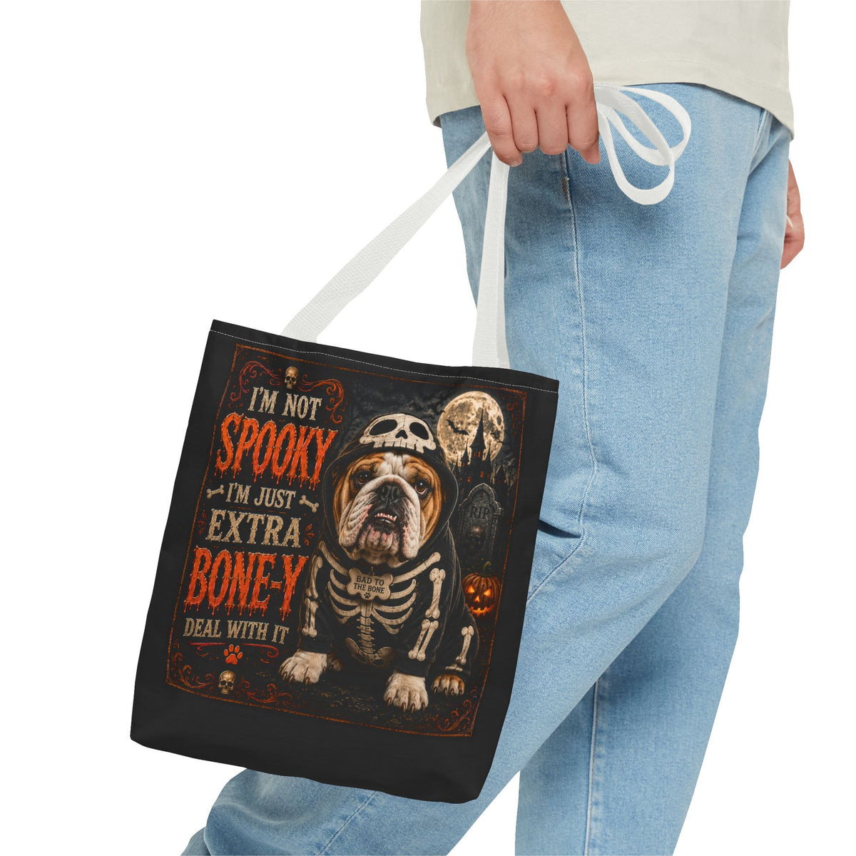 Halloween Bulldog Tote Bag – "I’m Not Spooky, I’m Just Extra Boney" All-Over Print