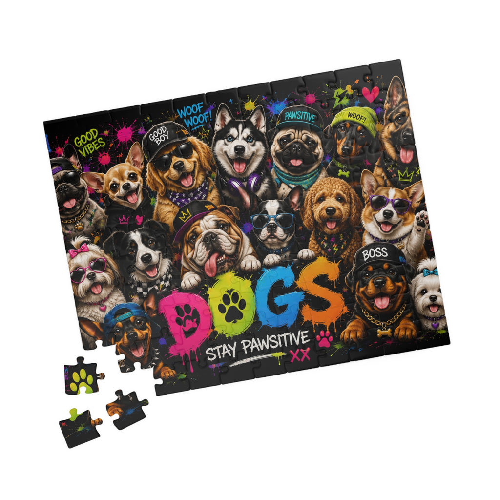 Dog Collage Puzzle — “Dogs Stay Pawsitive” Colorful 110/252-Piece Jigsaw