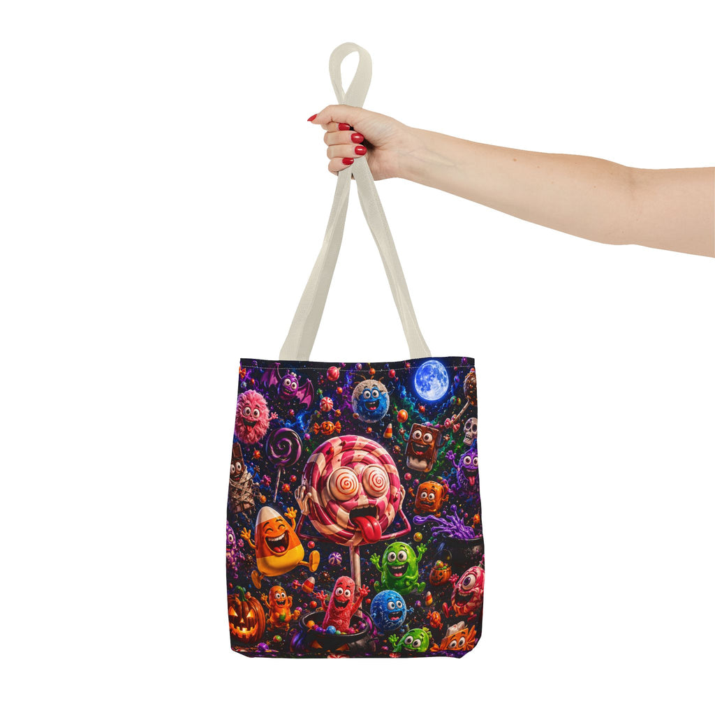 Crazy Halloween Candy Monsters Tote Bag — Colorful 3D Lolipop & Treats Design