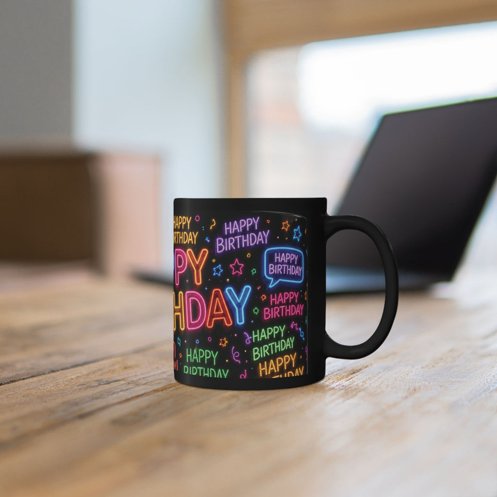 Happy Birthday Neon Typography Mug — Colorful Black Celebration Cup