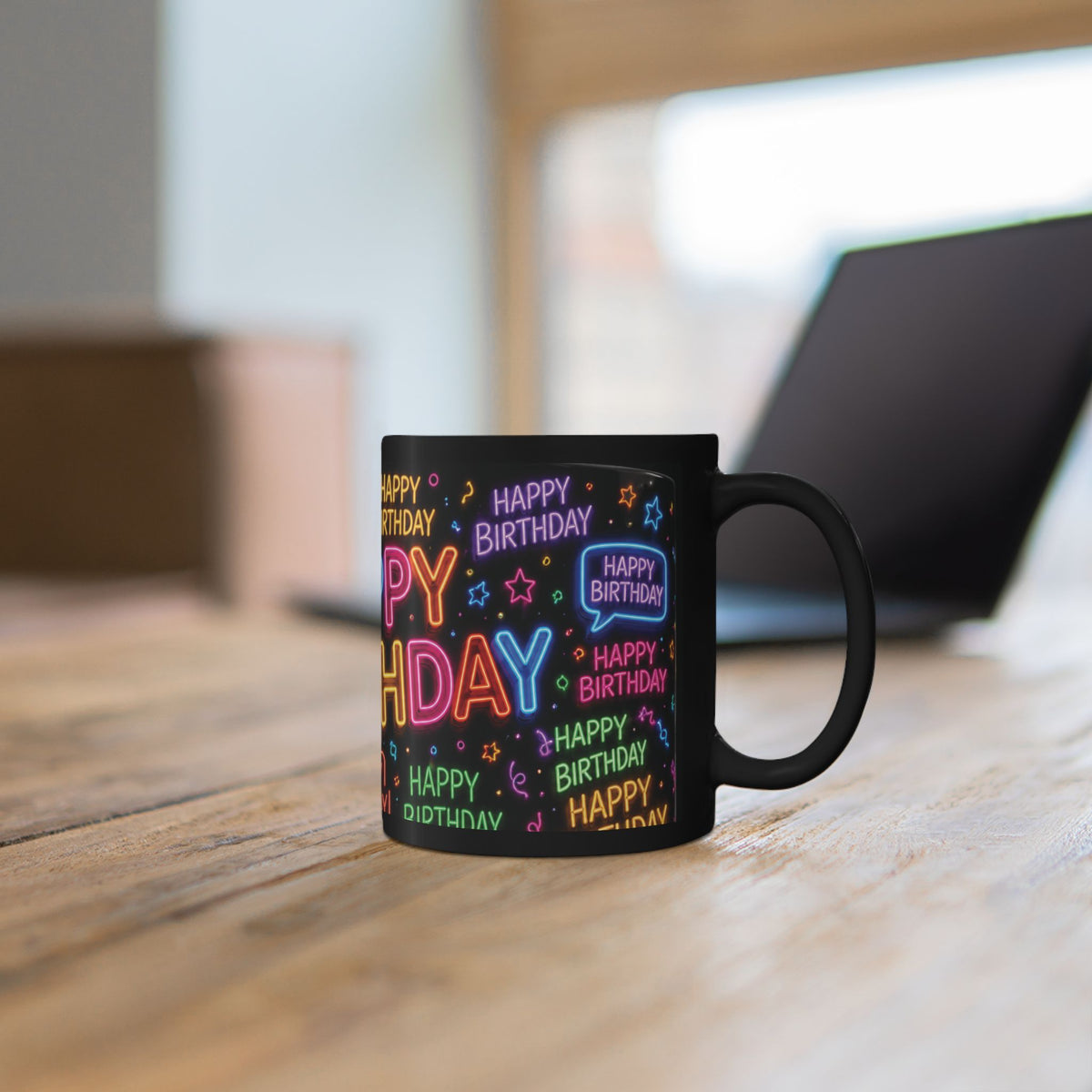 Happy Birthday Neon Typography Mug — Colorful Black Celebration Cup