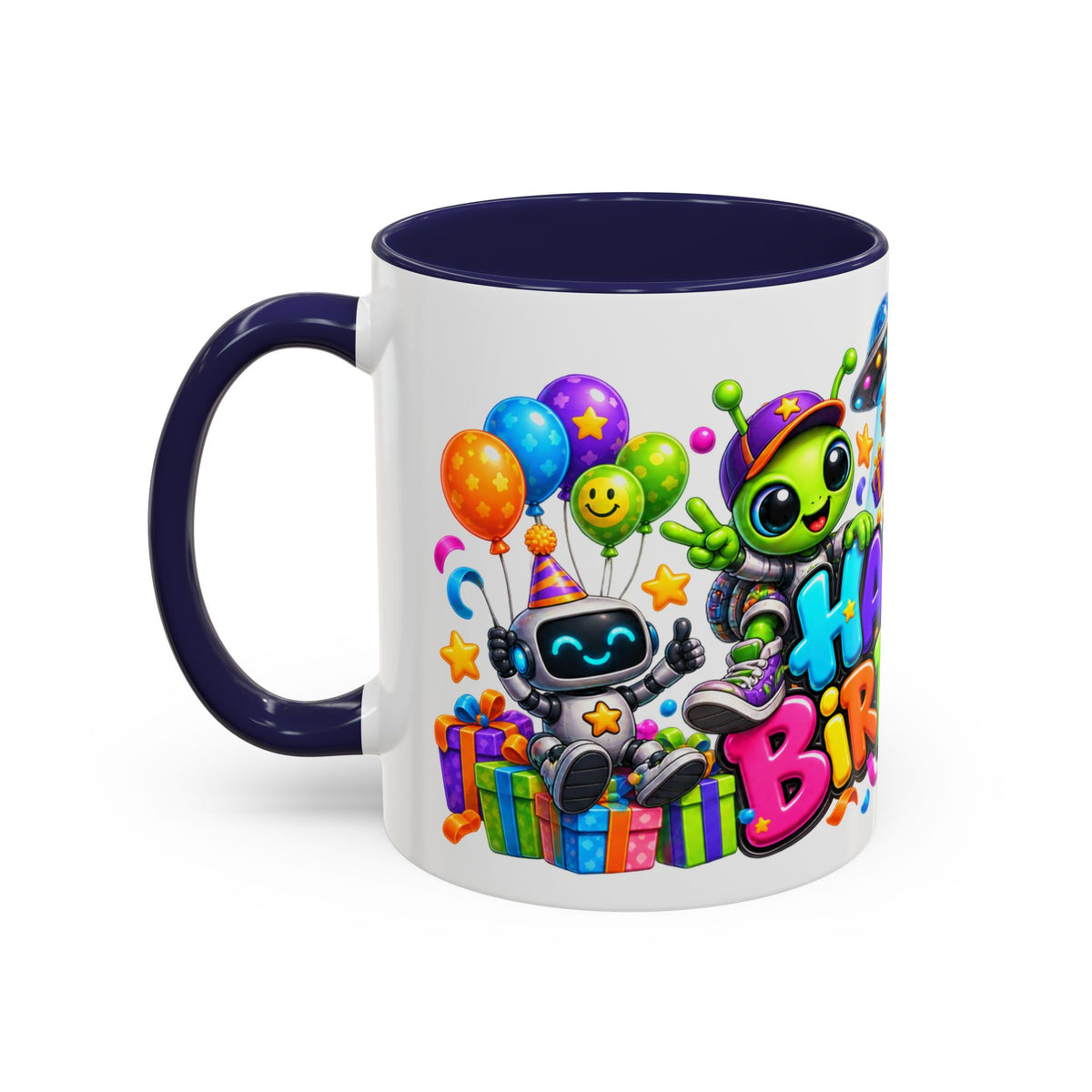 Happy Birthday Space Party Mug – Cute Aliens, Robots, UFO & Colorful 3D Birthday Design