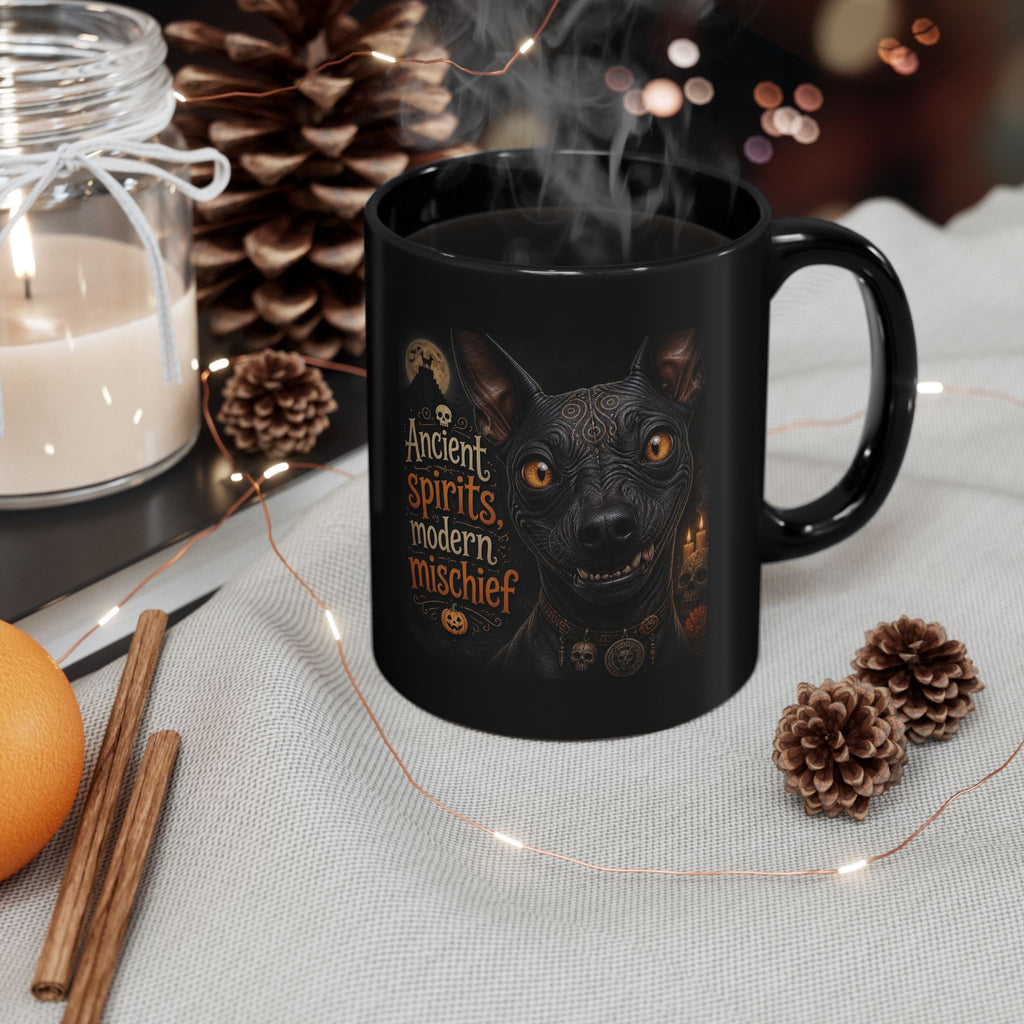 Ancient Spirits, Modern Mischief Black Mug — Halloween Cat Skull Design (11oz/15oz)