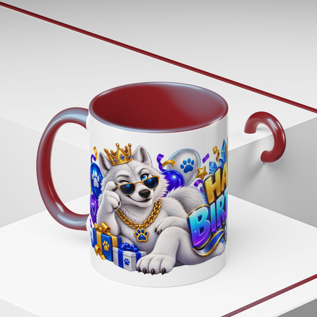 White Wolf Happy Birthday Mug – Blue Purple & Gold Birthday Gift – FestoraShop White Coffee Mug
