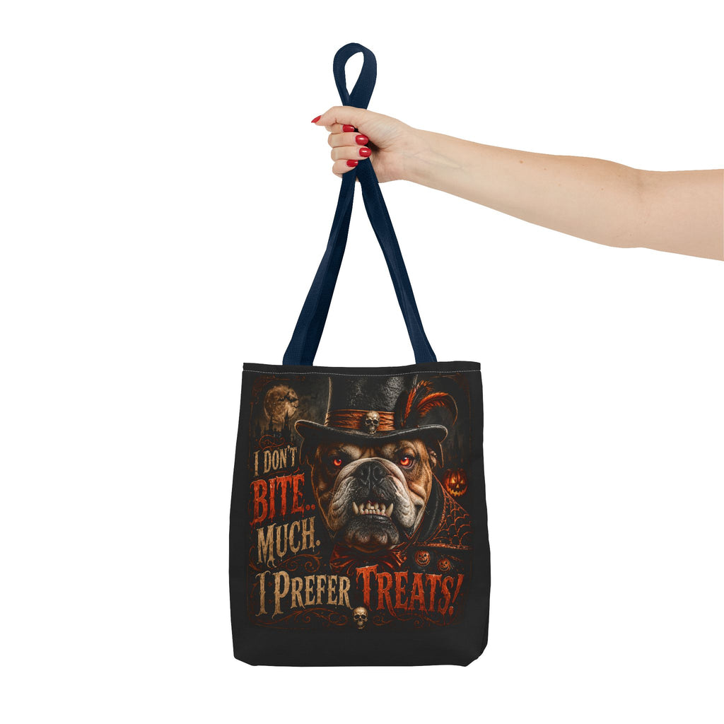 Halloween Bulldog Tote Bag — "I Don't Bite Much, I Prefer Treats" Candy‑Lovers Reusable Bag
