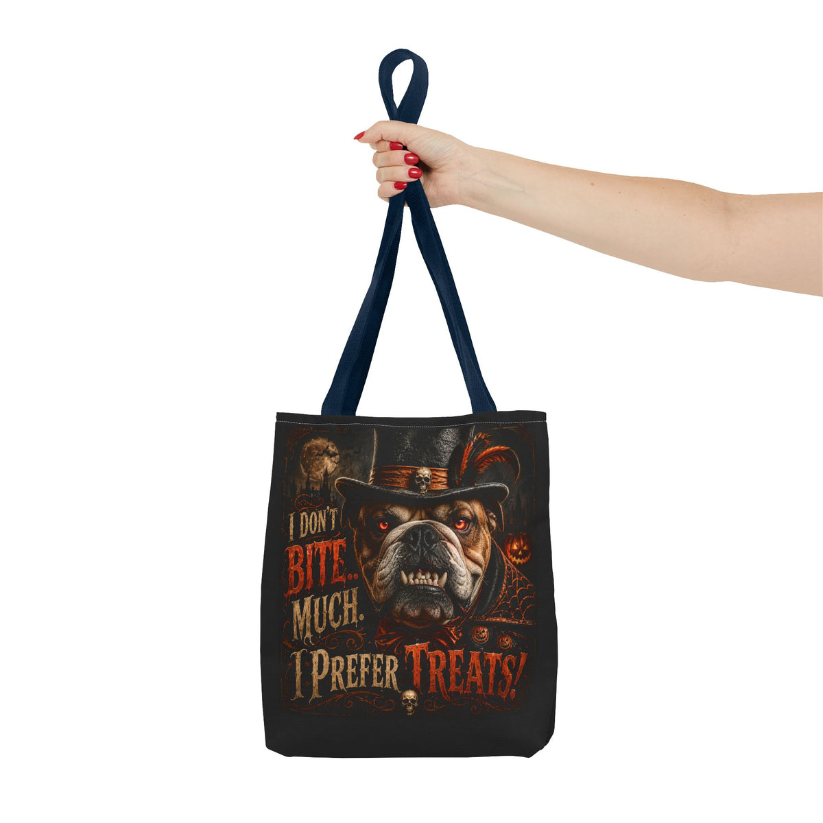 Halloween Bulldog Tote Bag — "I Don't Bite Much, I Prefer Treats" Candy‑Lovers Reusable Bag