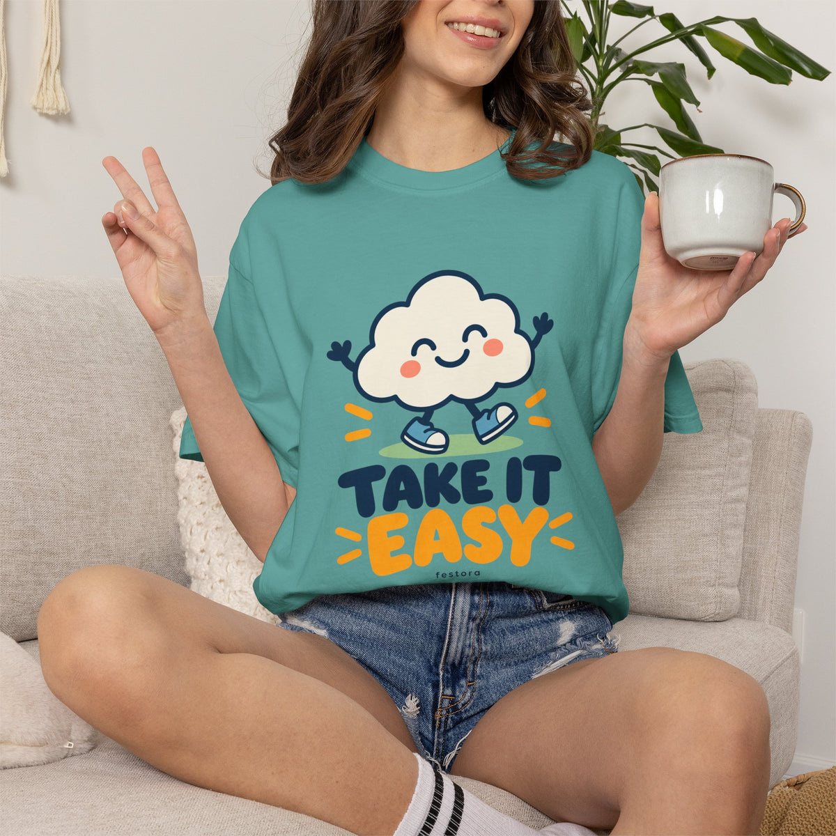 Take It Easy – Happy Cloud Graphic T-Shirt | Festora Everyday