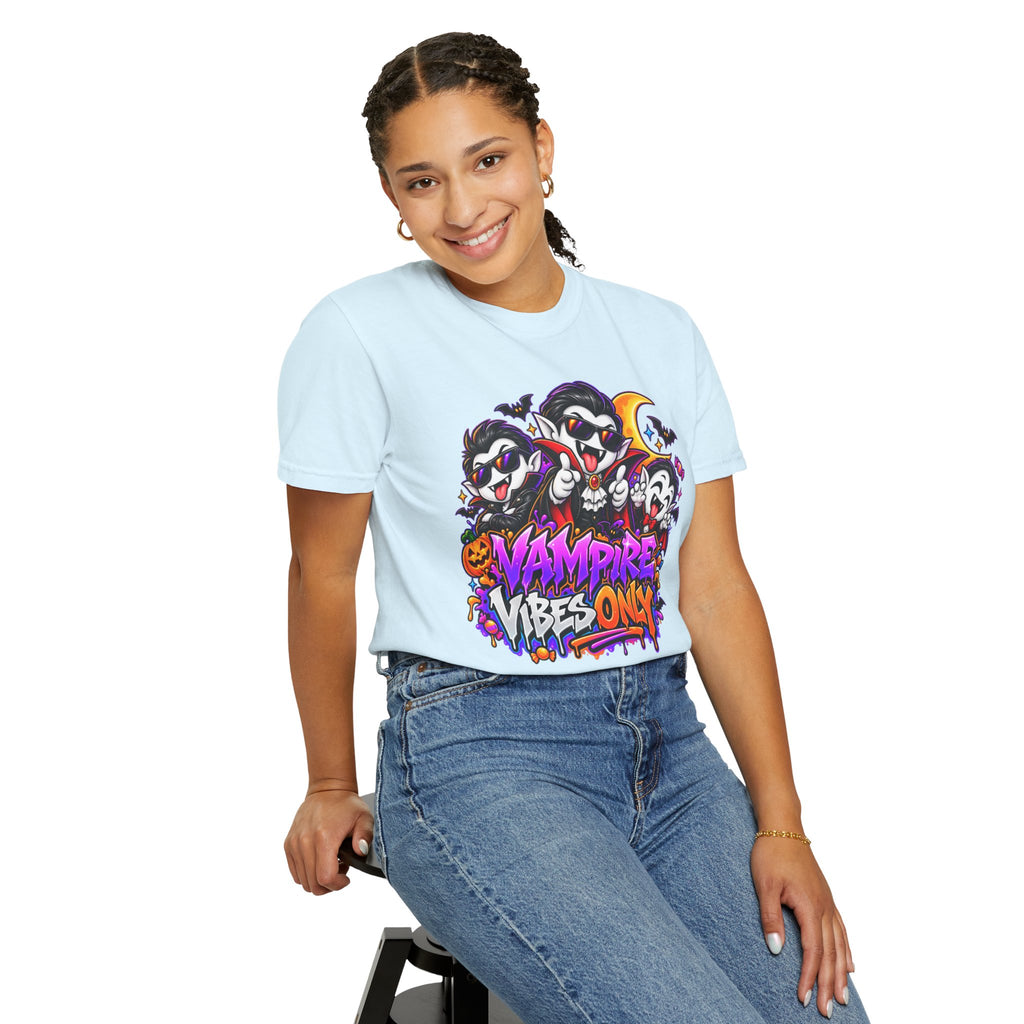 Neon Vampire Vibes Halloween Unisex Garment-Dyed T-Shirt Featuring a Cool Festora Vampire Crew