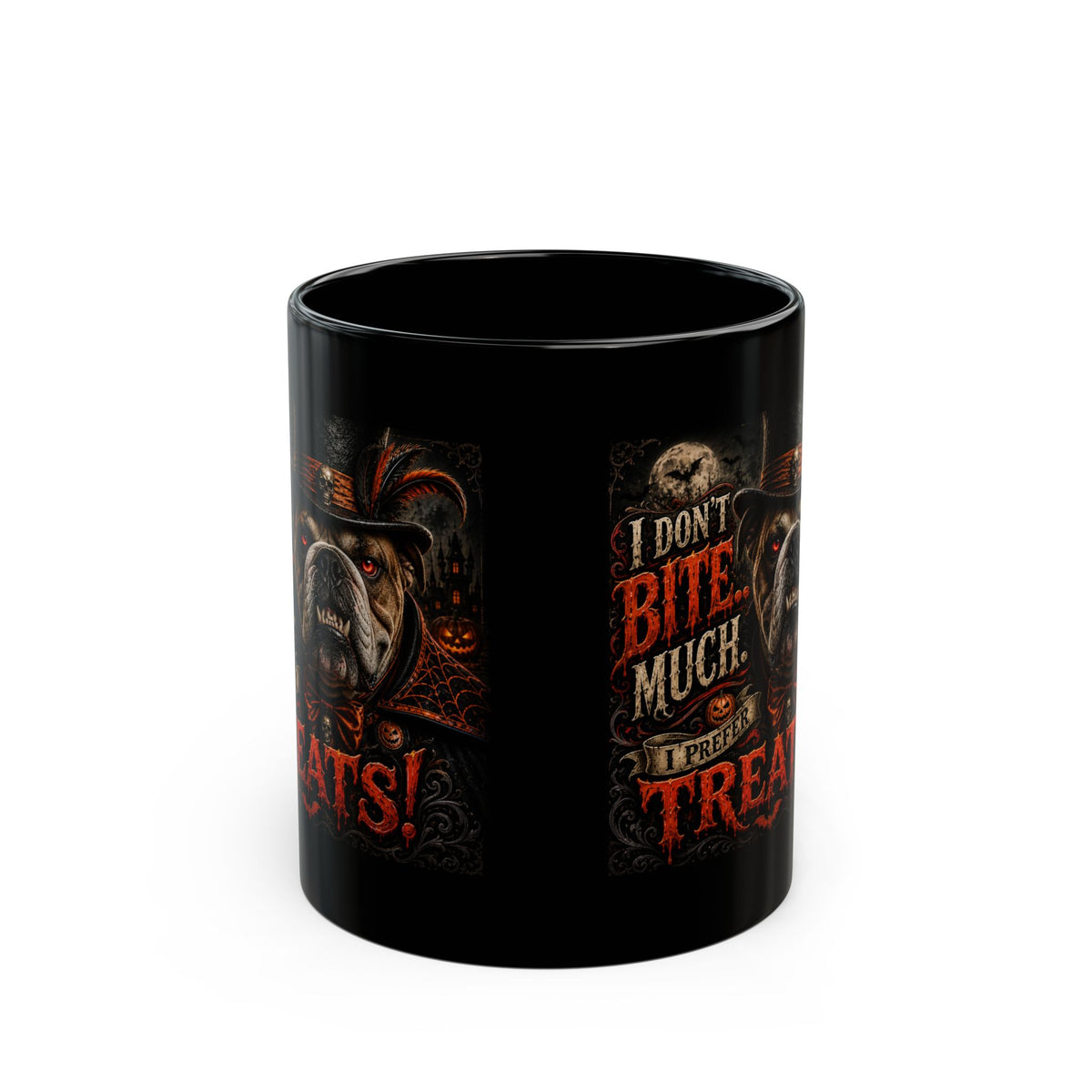 Halloween Bulldog Mug — "I Don't Bite Much. I Prefer Treats!" Black Coffee Cup