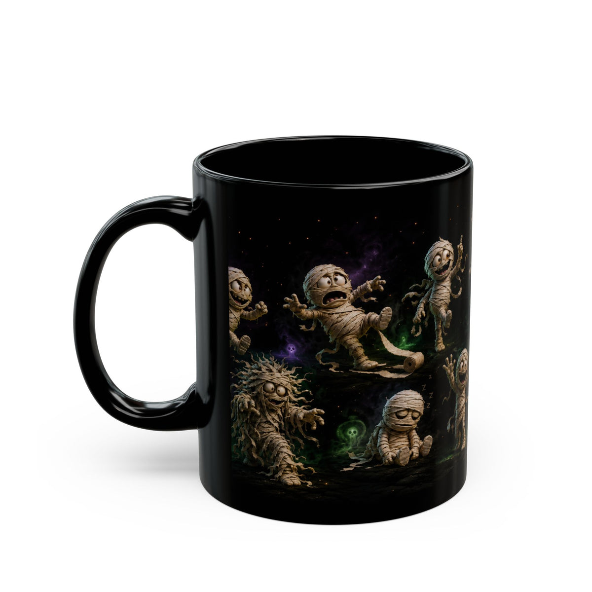 Funny Mummy Black Coffee Mug — Cute Spooky Halloween Character Pattern (11oz/15oz)