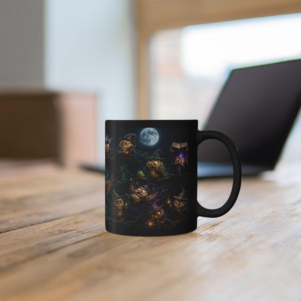 Halloween Magic Owl Night Mug — Cute Wizard Owls under Full Moon (Black 11oz/15oz)