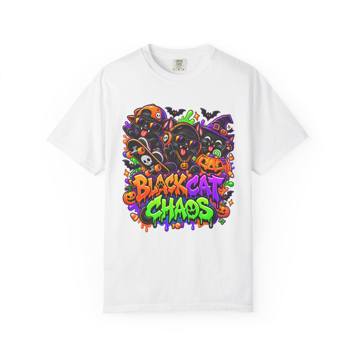 Neon Black Cat Halloween Chaos T-Shirt | Cute Spooky Cat Graphic Tee
