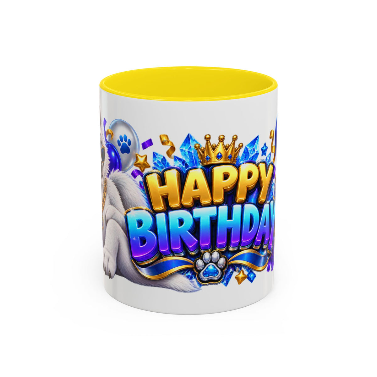 White Wolf Happy Birthday Mug – Blue Purple & Gold Birthday Gift – FestoraShop White Coffee Mug