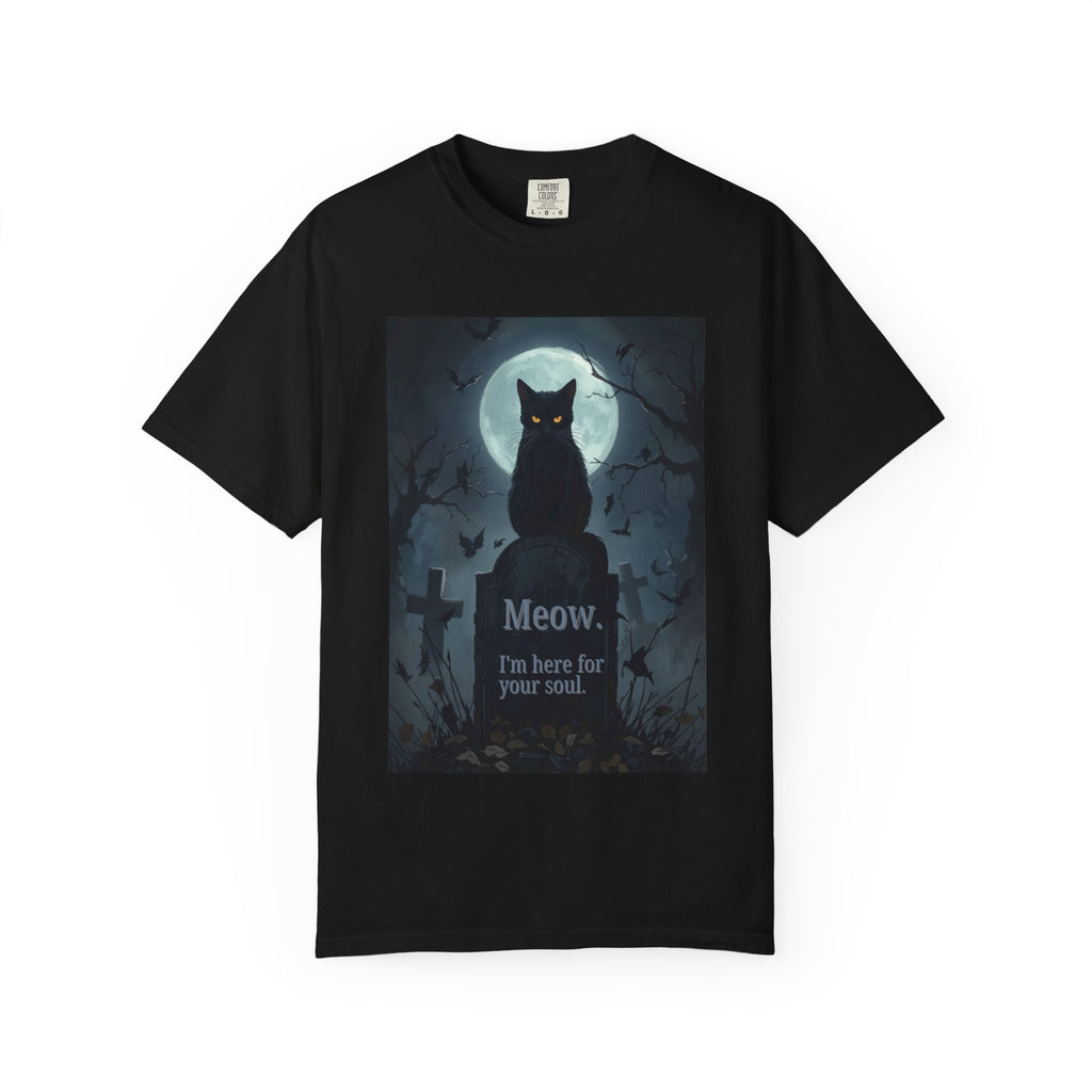 Cat Tombstone T‑Shirt — "Meow. I'm here for your soul." Spooky Halloween Tee