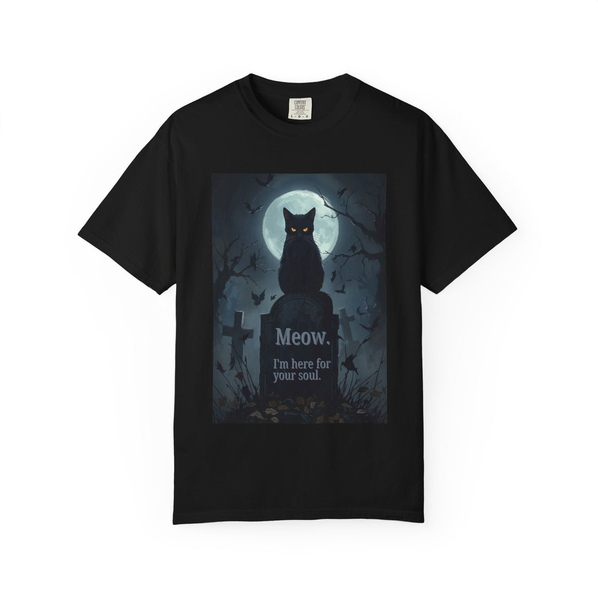 Cat Tombstone T‑Shirt — "Meow. I'm here for your soul." Spooky Halloween Tee