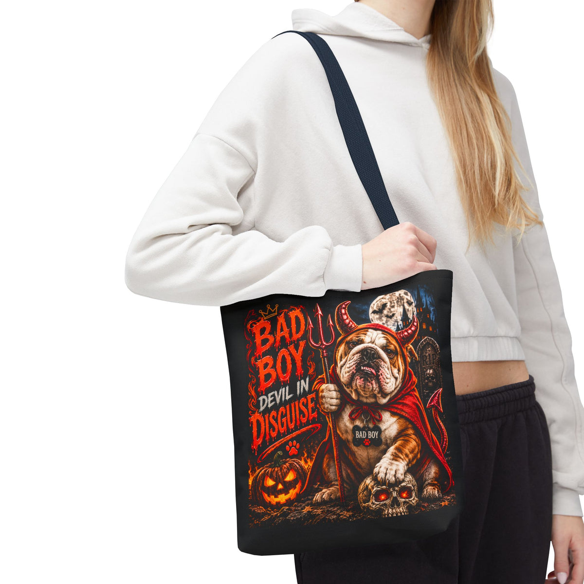 Halloween Bulldog Tote Bag – "Bad Boy Devil in Disguise" Gothic Pumpkin Skull Design