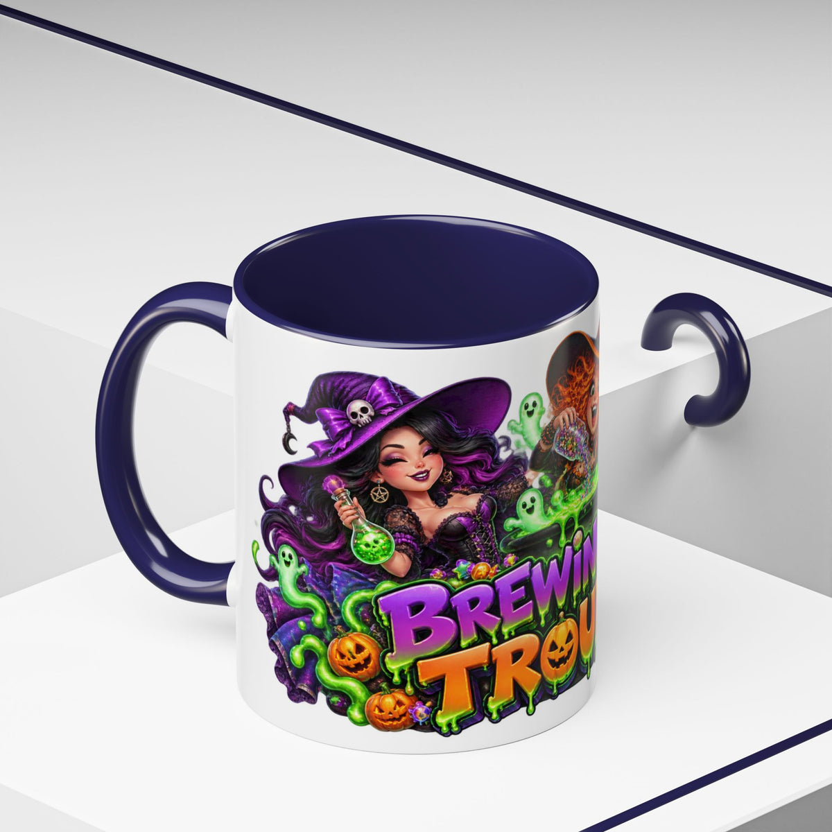 Brewing Up Trouble Witches Halloween White Mug