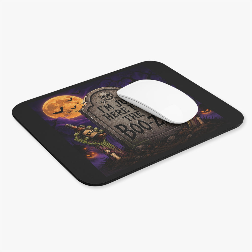 Halloween Mouse Pad — “I’m Just Here for the Boo-ze” Tombstone Design