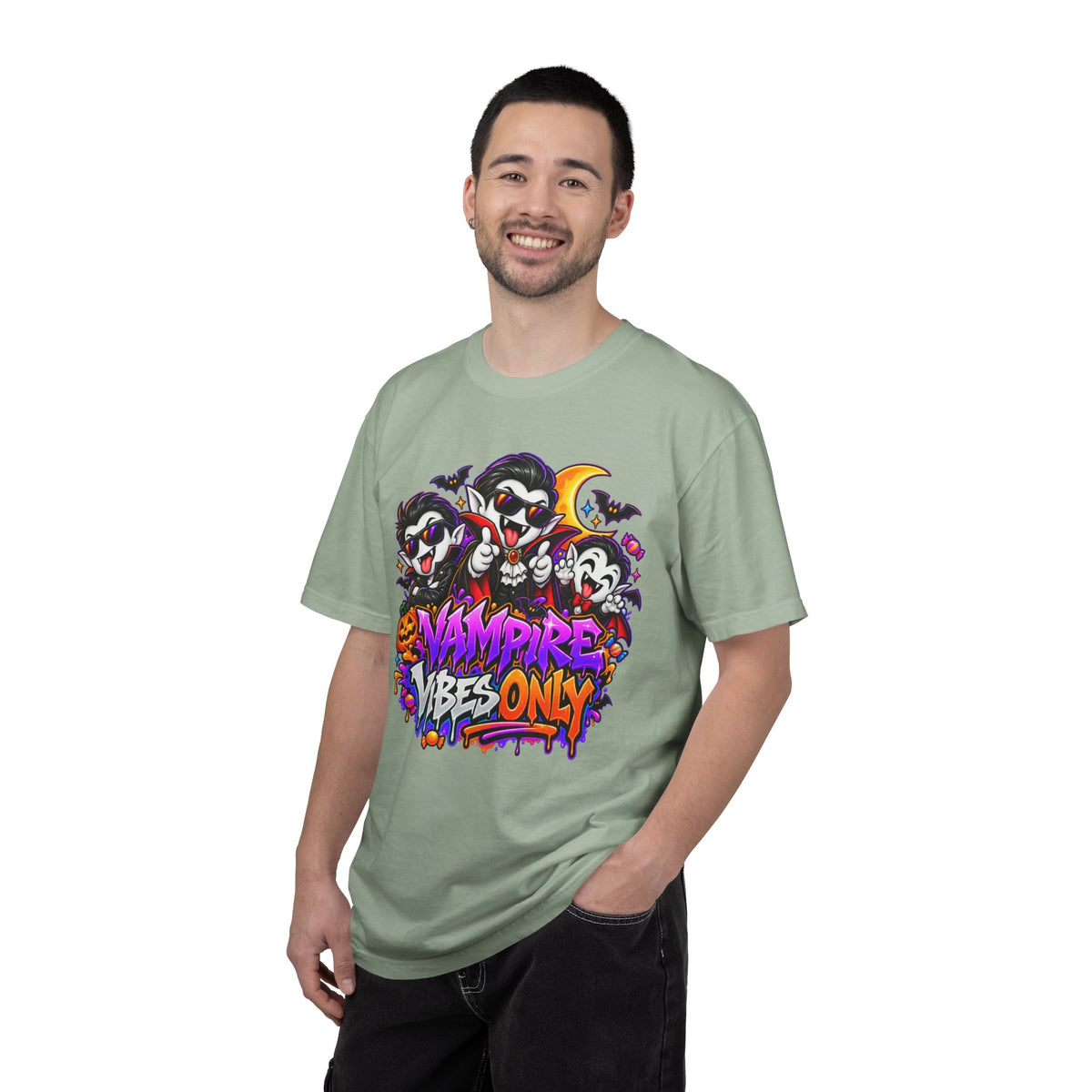 Neon Vampire Vibes Halloween Unisex Garment-Dyed T-Shirt Featuring a Cool Festora Vampire Crew