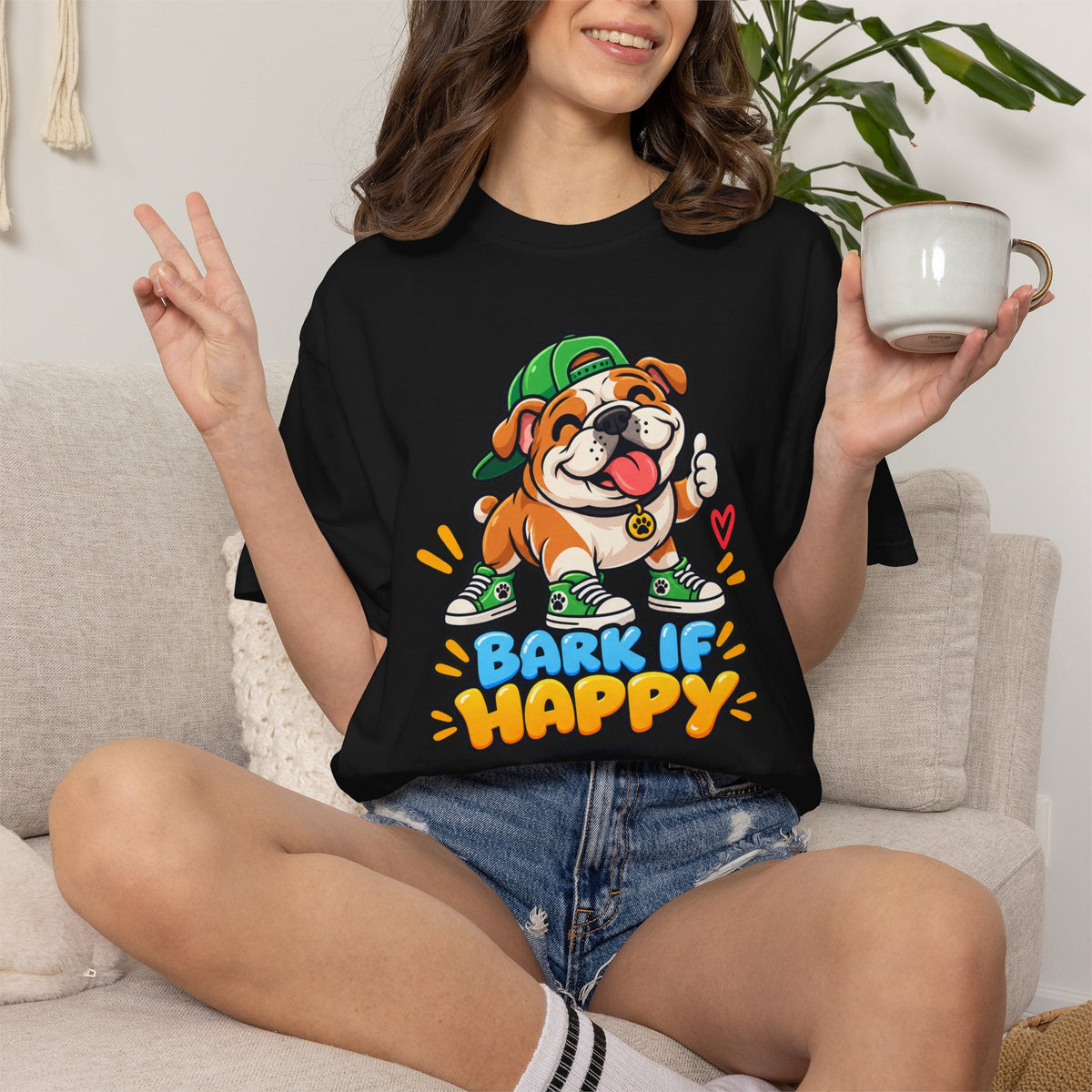 Bark If Happy – Cute Bulldog Graphic T-Shirt