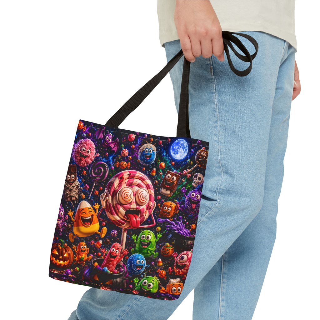 Crazy Halloween Candy Monsters Tote Bag — Colorful 3D Lolipop & Treats Design
