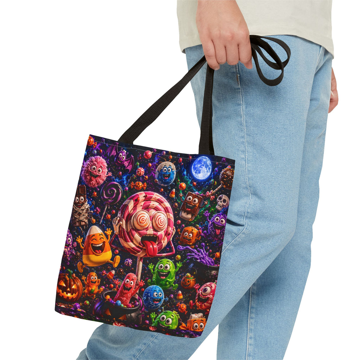 Crazy Halloween Candy Monsters Tote Bag — Colorful 3D Lolipop & Treats Design
