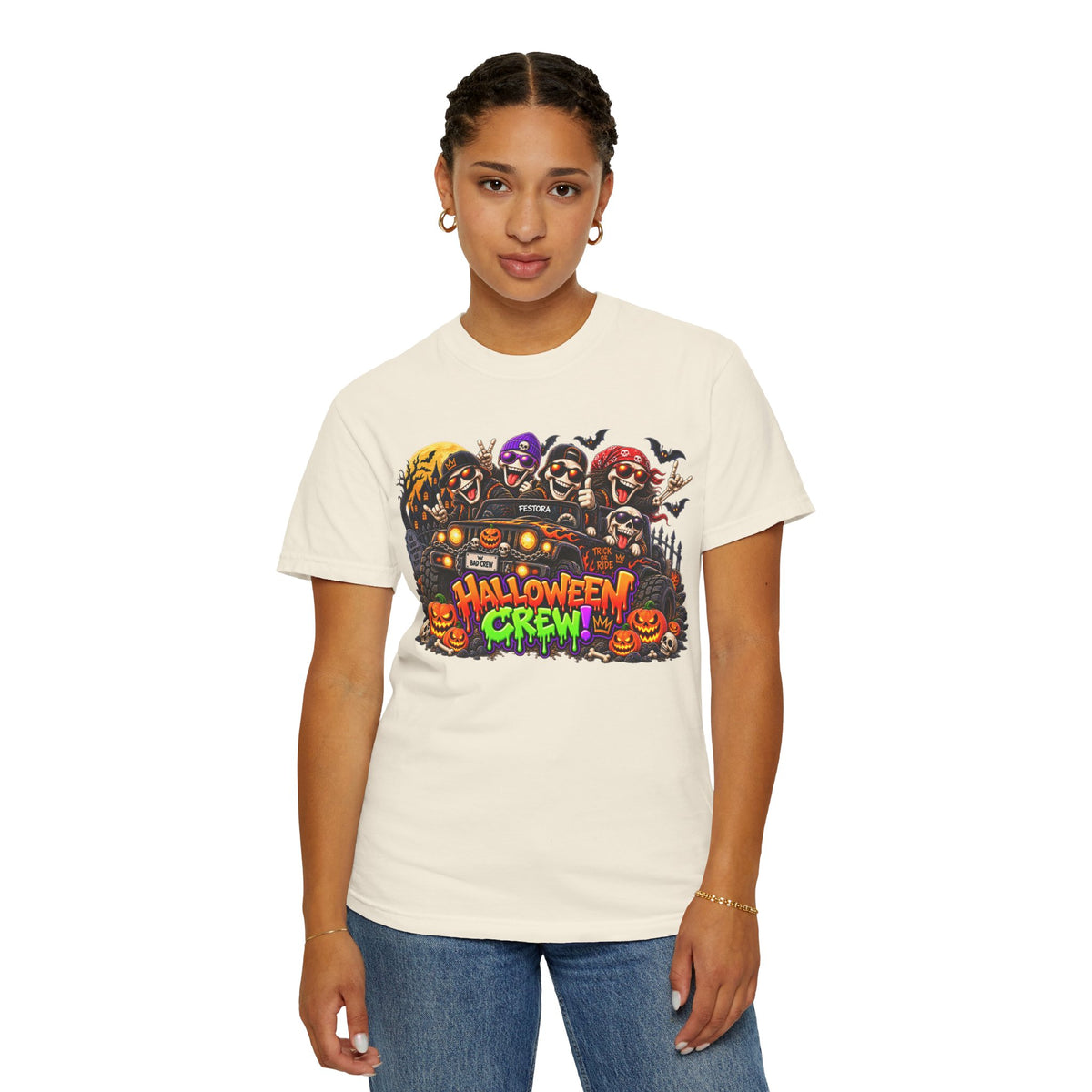 Halloween Crew T-Shirt – Skeleton Jeep Spooky Graphic Tee