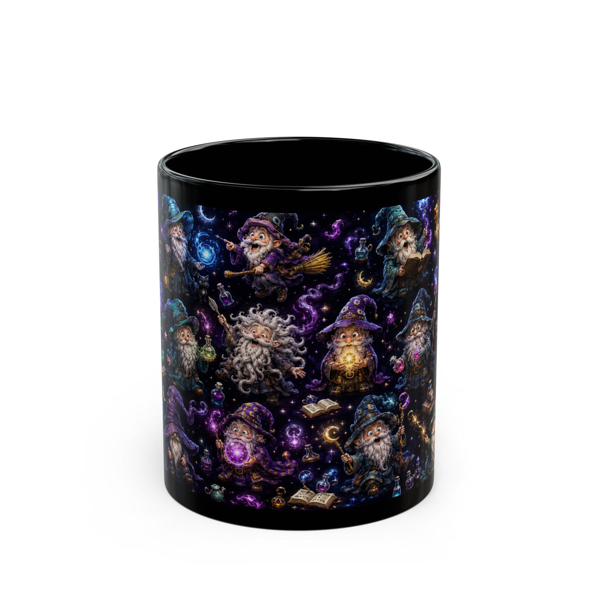 Magic Wizard Pattern Black Mug — Cute Wizardry Coffee Cup (11oz/15oz)