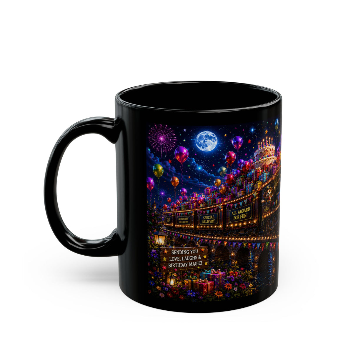 Birthday Express Black Mug – Colorful Train Party Coffee Cup (11oz)