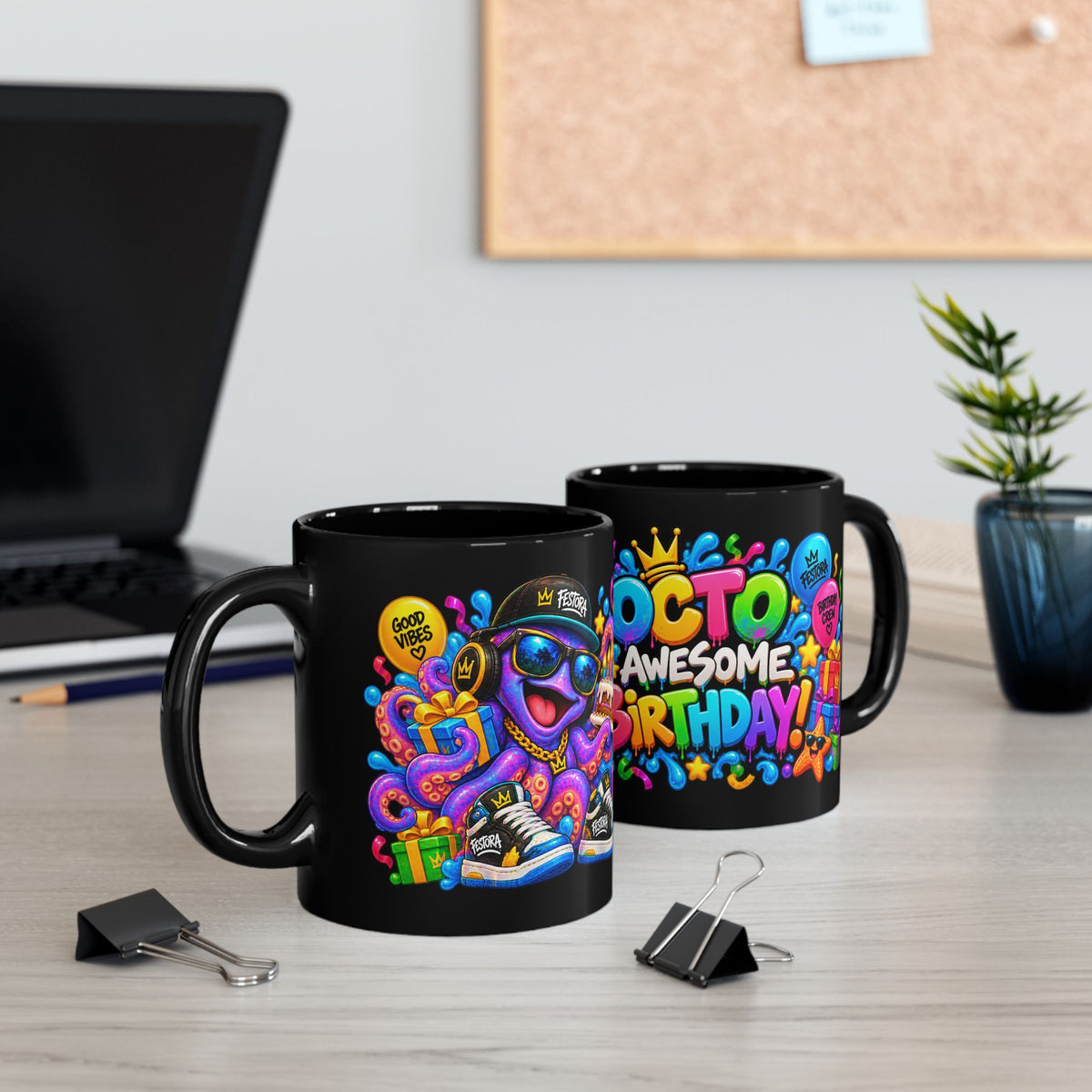OCTO AWESOME BIRTHDAY! Black Ceramic Mug – Funny Octopus Birthday Coffee Cup – Colorful Party Gift – Original FestoraShop Design