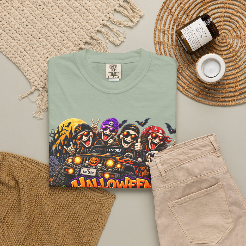 Halloween Crew T-Shirt – Skeleton Jeep Spooky Graphic Tee
