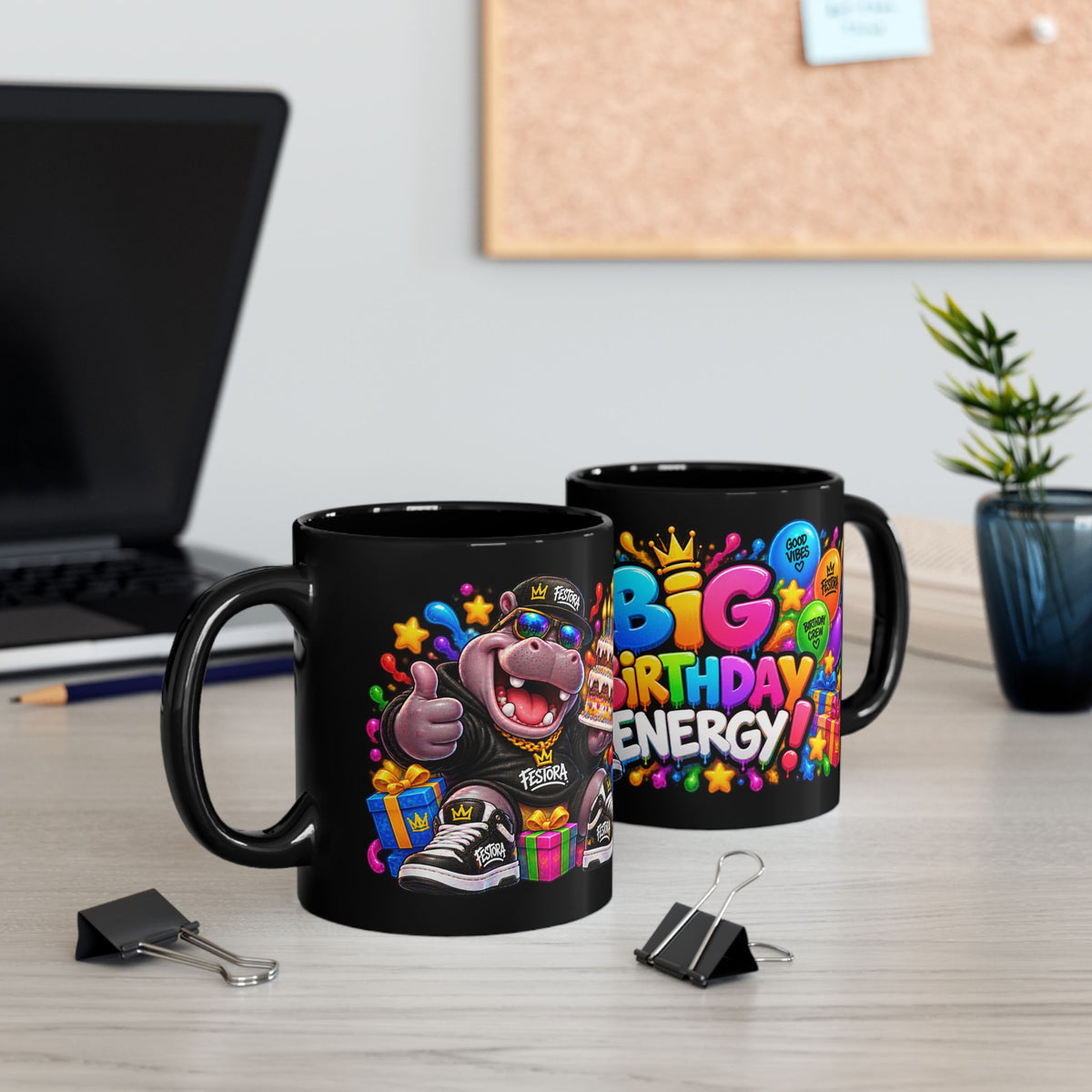 BIG BIRTHDAY ENERGY! Black Ceramic Mug – Funny Hippo Birthday Coffee Cup – Colorful Party Gift – Original FestoraShop Design