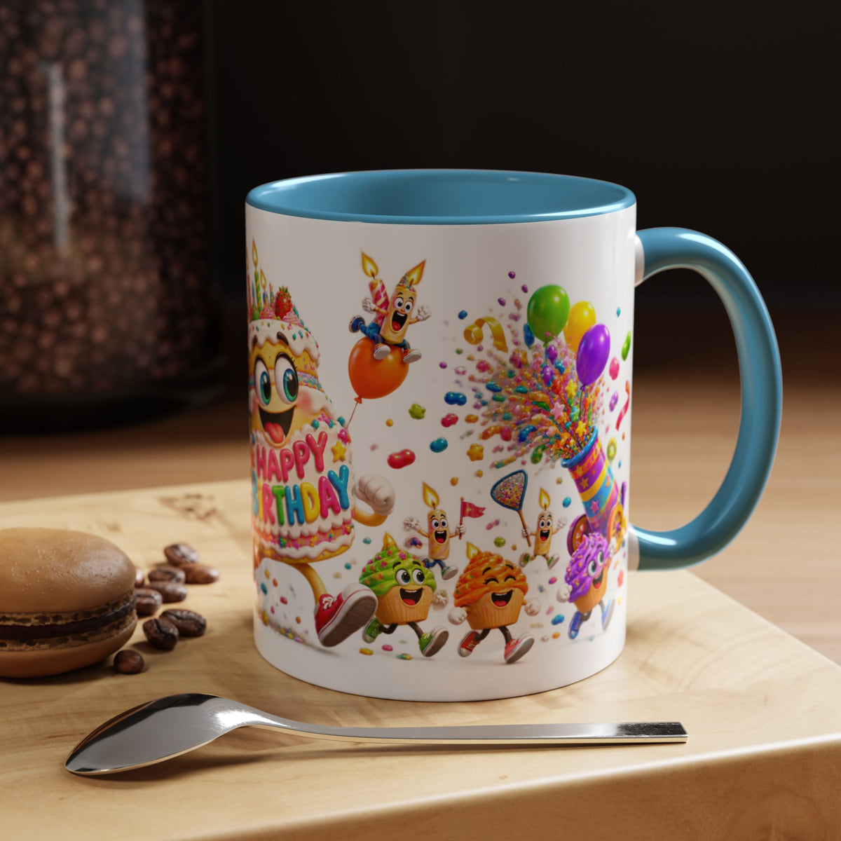 Birthday Party Coffee Mug – Colorful Happy Birthday Cake & Balloon Design (11/15oz Accent Mug)