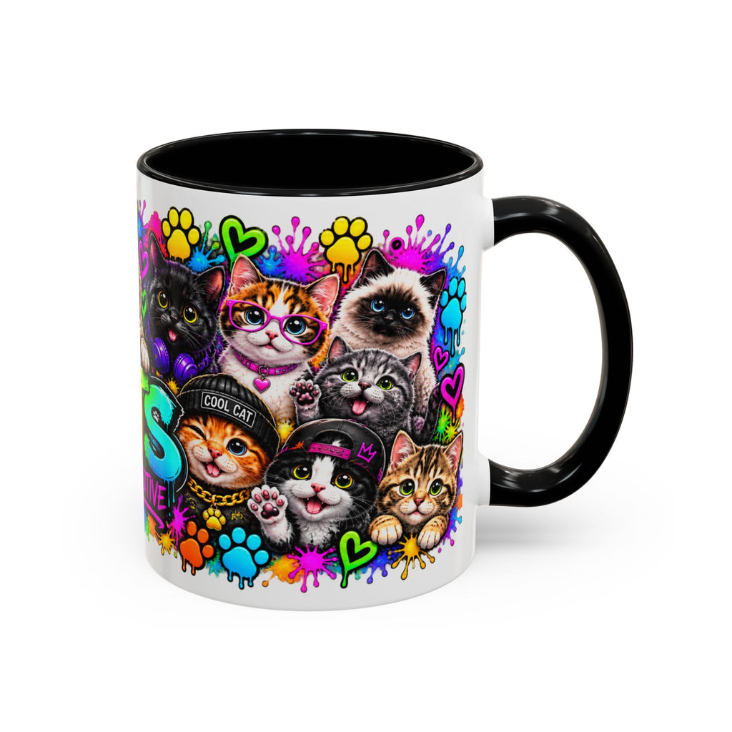 Cats Stay Pawsitive Accent Coffee Mug – Colorful Cute Cat Paw Print Design (11oz)