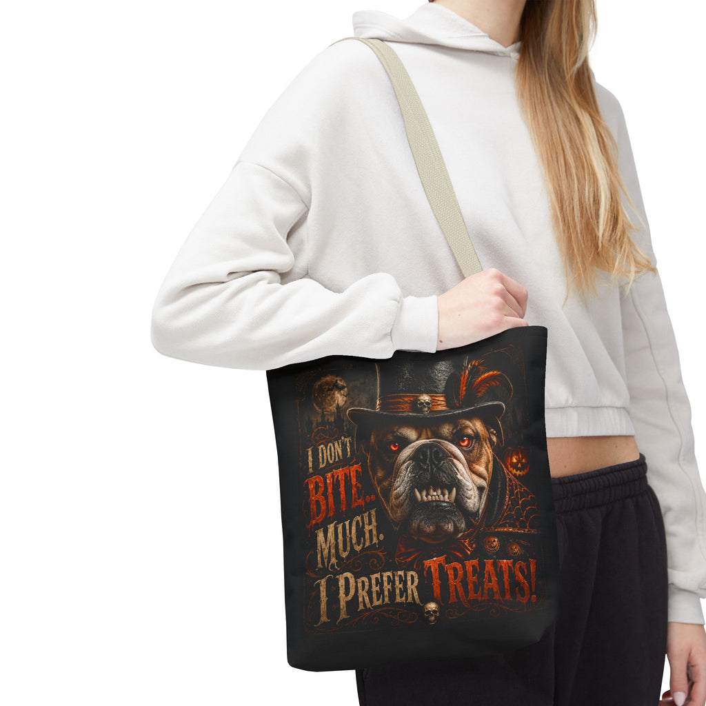 Halloween Bulldog Tote Bag — "I Don't Bite Much, I Prefer Treats" Candy‑Lovers Reusable Bag