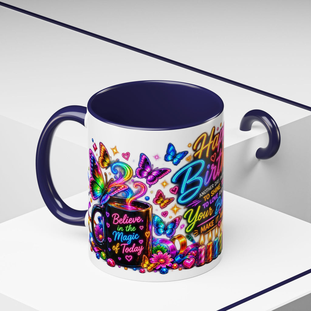 Birthday Coffee Mug – Colorful "Happy Birthday" Gift Mug with Butterflies & Candles