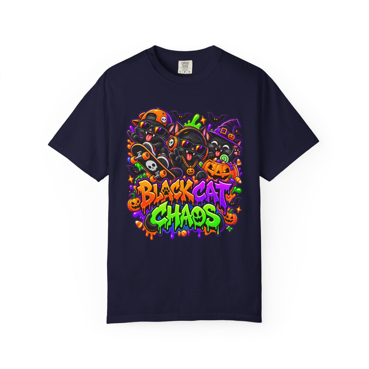 Neon Black Cat Halloween Chaos T-Shirt | Cute Spooky Cat Graphic Tee