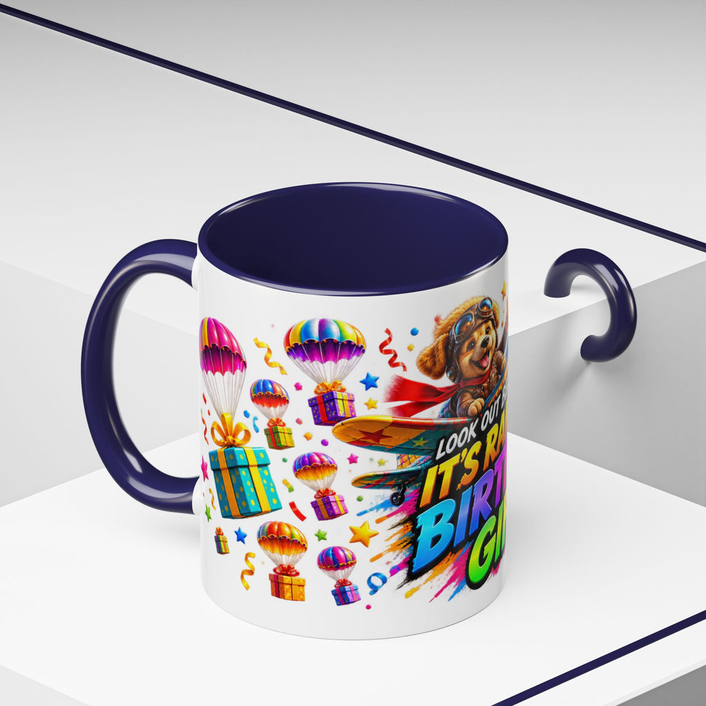 Birthday Gifts Coffee Mug — "It's Raining Birthday Gifts!" Colorful Accent Mug