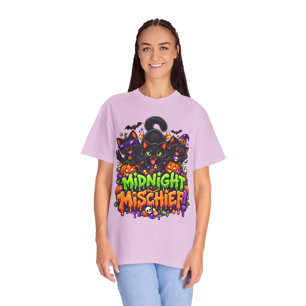 Midnight Mischief Halloween T-Shirt – Funny Black Cat Graphic Tee
