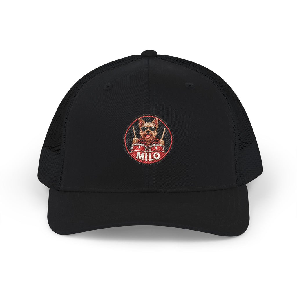Milo Terrier Drummer Embroidered Trucker Hat - Snapback Cap
