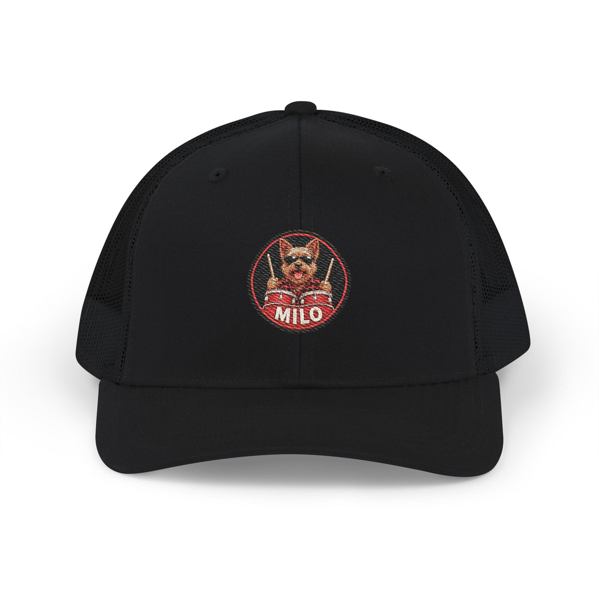 Milo Terrier Drummer Embroidered Trucker Hat - Snapback Cap