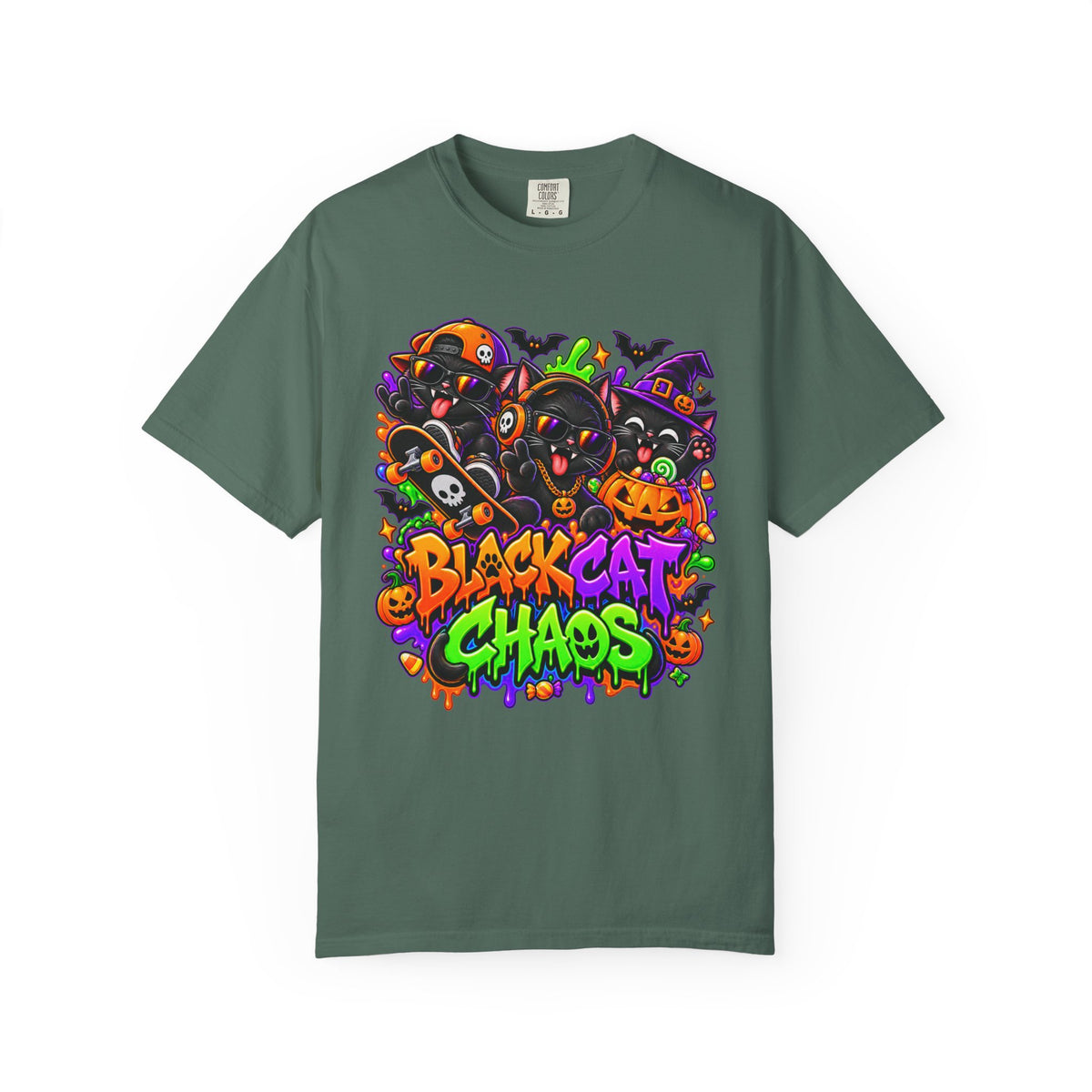 Neon Black Cat Halloween Chaos T-Shirt | Cute Spooky Cat Graphic Tee